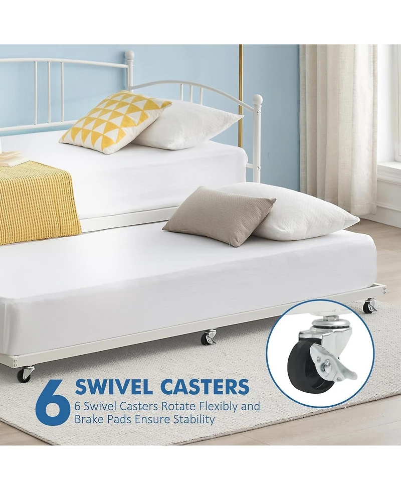 gaomon Twin Daybed with Trundle Metal Frame Pullout Trundle 6 Casters Steel Slats Living Room Bedroom Guest Room