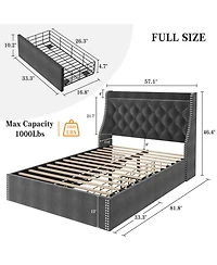 gaomon Full Bed Frame Gray Upholstered 4 Storage Drawers Wingback Headboard Charging Station Button Tufted