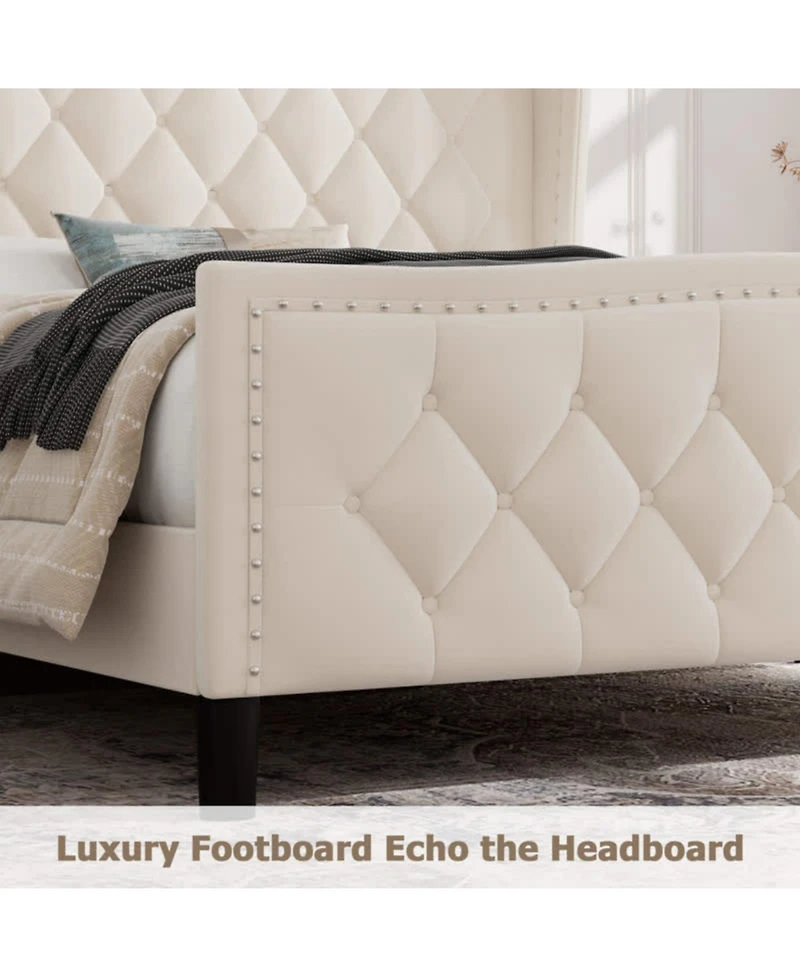 gaomon Full Bed Frame Beige Upholstered 4 Storage Drawers Wingback Headboard Charging Station Button Tufted