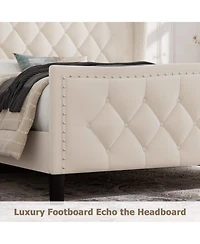 gaomon Full Bed Frame Beige Upholstered 4 Storage Drawers Wingback Headboard Charging Station Button Tufted
