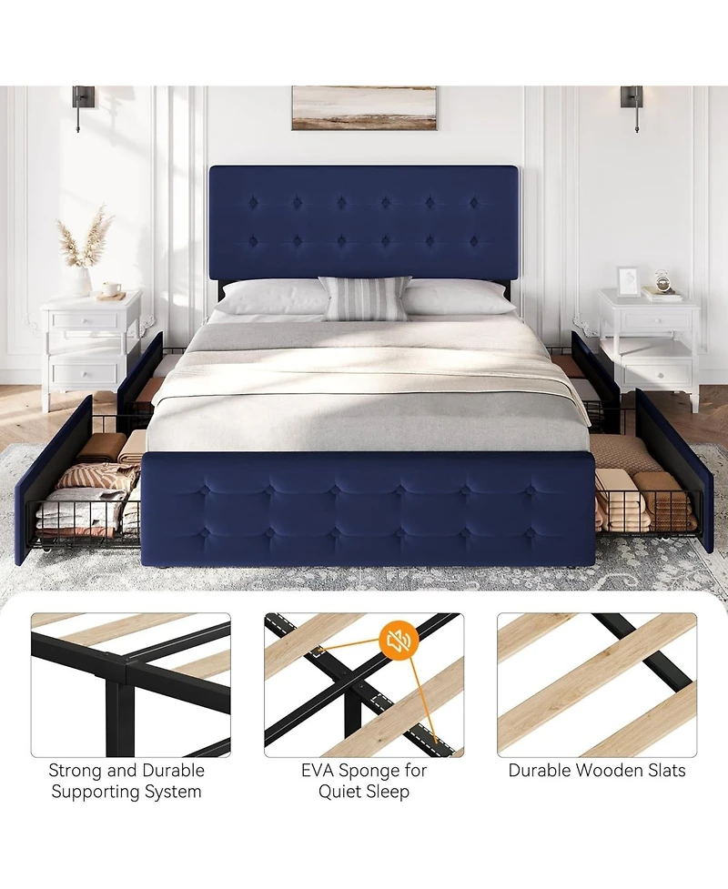 gaomon Upholstered Bed Frame 4 Storage Drawers Headboard Linen Platform Wooden Slats Button Tufted