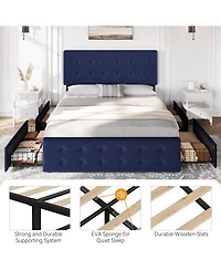 gaomon Upholstered Bed Frame 4 Storage Drawers Headboard Linen Platform Wooden Slats Button Tufted
