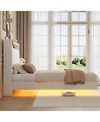 gaomon Queen Size Floating Bed Frame Rgb Led Lights Charging Station Storage Headboard 50in Headboard Upholstered Platform White