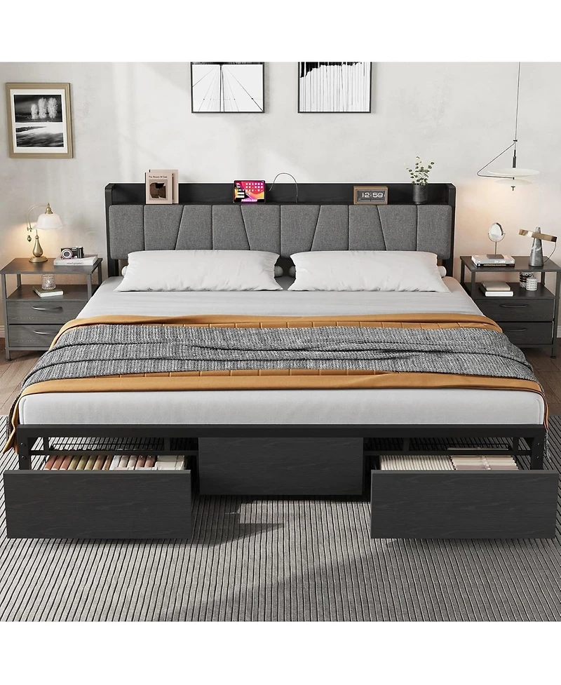 gaomon King Size Platform Bed Frame Metal+Pb Board Upholstered Two Mesh Drawers Charging Station No Box Spring