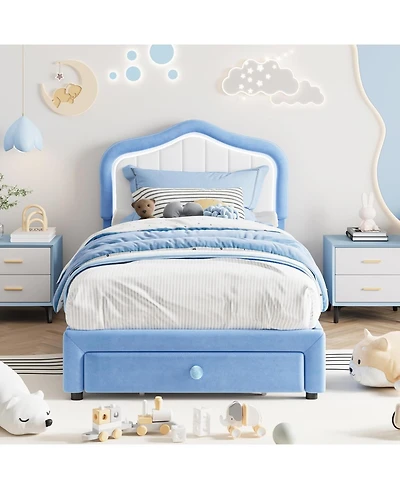 Twin Xl Upholstered Bed Frame Storage Drawer Smart Led Headboard Princess Platform for Kids Girls Wooden Slats Blue White