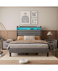 gaomon Full Size Upholstered Platform Bed Frame with Headboard Charging Station Led Lights Wooden Slats No Box Spring Grey