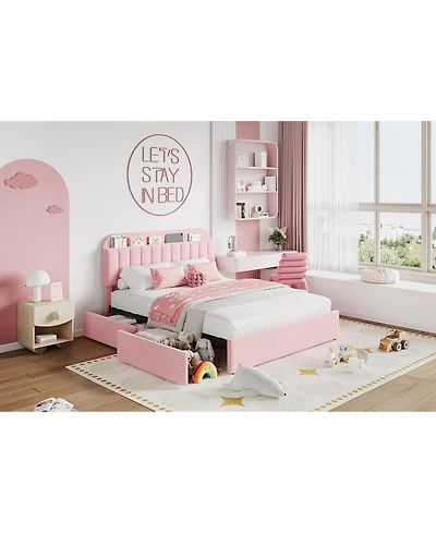 Full Size Boucle Upholstered Platform Bed Frame with Bookcase Headboard 2 Drawers for Girls No Box Spring Pink