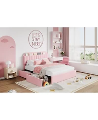 Full Size Boucle Upholstered Platform Bed Frame with Bookcase Headboard 2 Drawers for Girls No Box Spring Pink