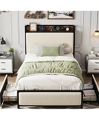 Gaomon Twin Size Beige Velvet Upholstered Platform Bed Frame 2 Storage Drawers Charging Station Storage Headboard No Box Spring