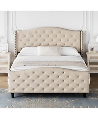 gaomon Easy Assembly Queen Size Velvet Upholstered Platform Bed Frame Space Saving, for Living Room, Guest Room