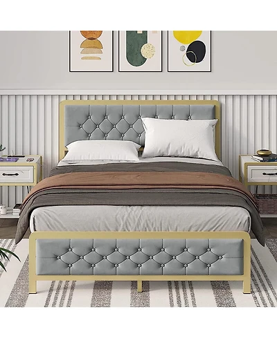 Gaomon Easy Assembly Full Size Velvet Upholstered Platform Bed Frame Space Saving, for Living Room, Guest Room