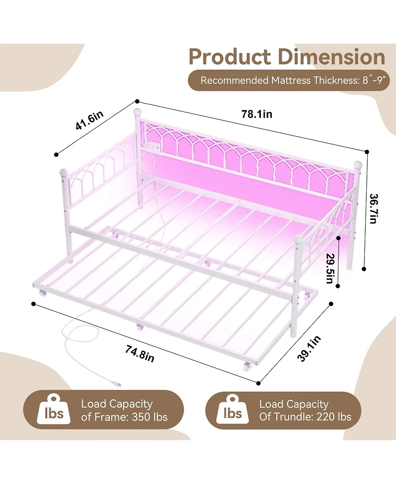 Gaomon + Twin + Wood/Metal (or specify actual material) + Charging Station & Led Lights + Daybed with Trundle
