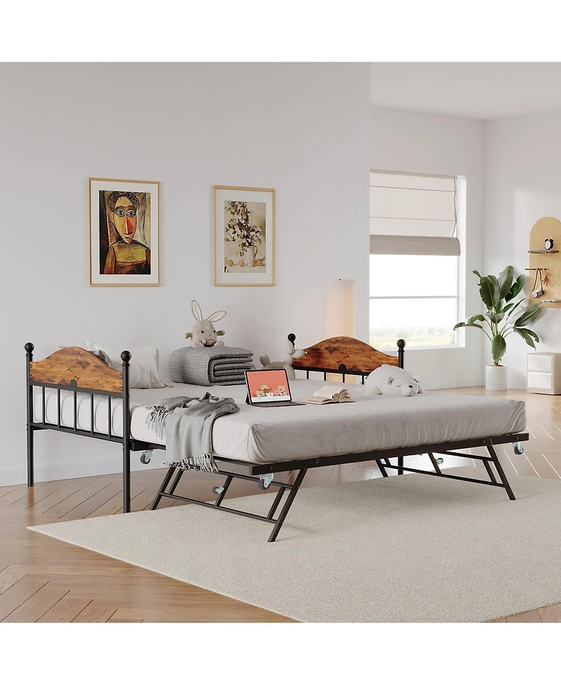 Gaomon Daybed with Trundle, Metal Twin Size Day Bed with Stylish Headboard, Sofa Bed Frame with Pop Up Foldable Trundle Bed