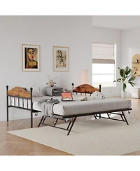 Gaomon Daybed with Trundle, Metal Twin Size Day Bed with Stylish Headboard, Sofa Bed Frame with Pop Up Foldable Trundle Bed