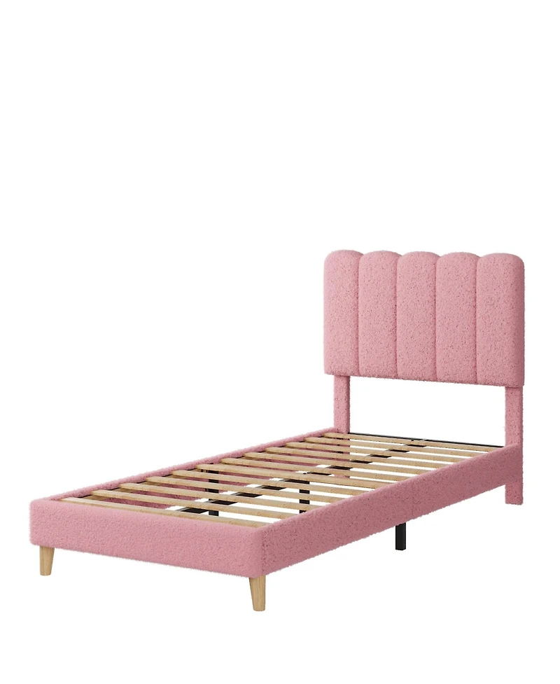 gaomon Twin- Bed Frame, Boucle Upholstered Platform Bed with Wave Headboard for Girls/Kids, Easy Assembly