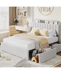 gaomon Queen Bed Frame with 2 Flexible Drawers and Bookcase Headboard, Boucle Upholstered Platform Bed for Boys/Girls