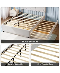 gaomon Trundle Bed, Queen Size Upholstered Platform Bed Frame, Pull Out Bed with Headboard, Wood Slat Support
