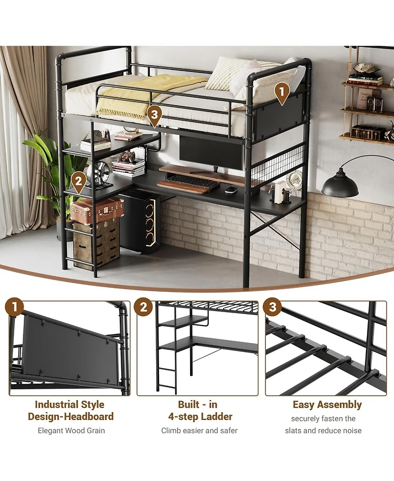 gaomon Twin Loft Bed with L-Shaped Desk & Storage Shelf, Heavy Duty Metal Frame for Adults, Space Saving Design, Black Finish