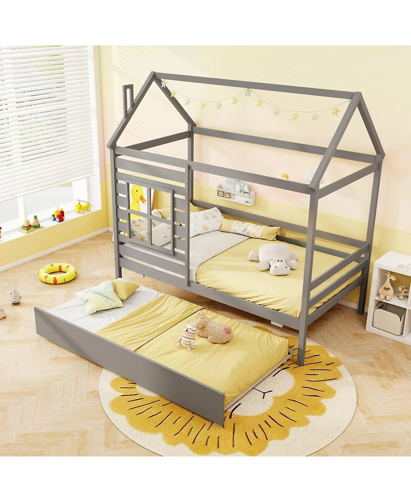 Gymax Twin House Bed with Trundle Wooden Platform w/ Roof Chimney & Window
