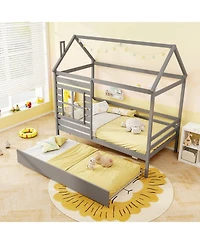 Gymax Twin House Bed with Trundle Wooden Platform w/ Roof Chimney & Window