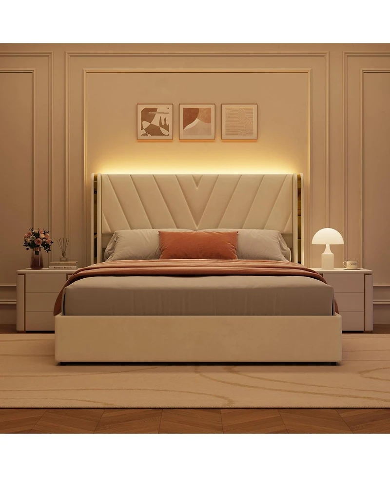 Upholstered Led Bed Frame with 4 Storage Drawers, Rgb Led Lights, Velvet Platform Bed Frame with Wingback Headboard, No Box Spring Needed
