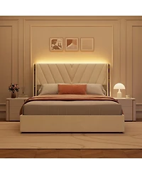 Upholstered Led Bed Frame with 4 Storage Drawers, Rgb Led Lights, Velvet Platform Bed Frame with Wingback Headboard, No Box Spring Needed