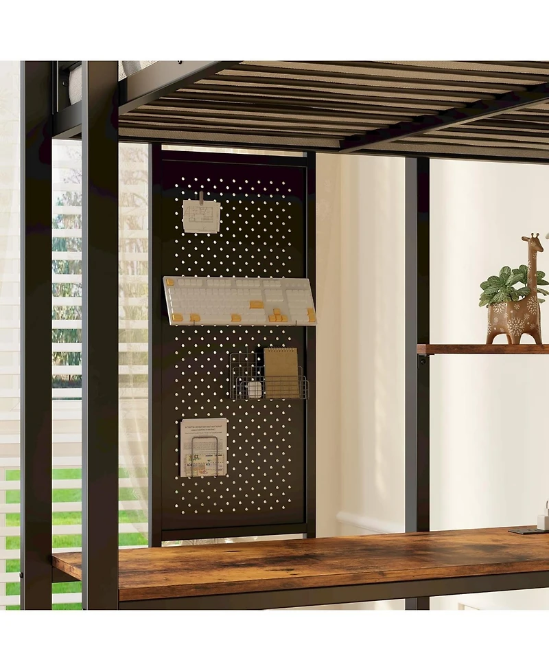 Likimio Twin Metal Loft Bed with Desk, Shelves and 2 Built-in Ladders, Power Outlet and Led Lighted, Space-Saving