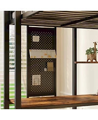 Likimio Twin Metal Loft Bed with Desk, Shelves and 2 Built-in Ladders, Power Outlet and Led Lighted, Space-Saving