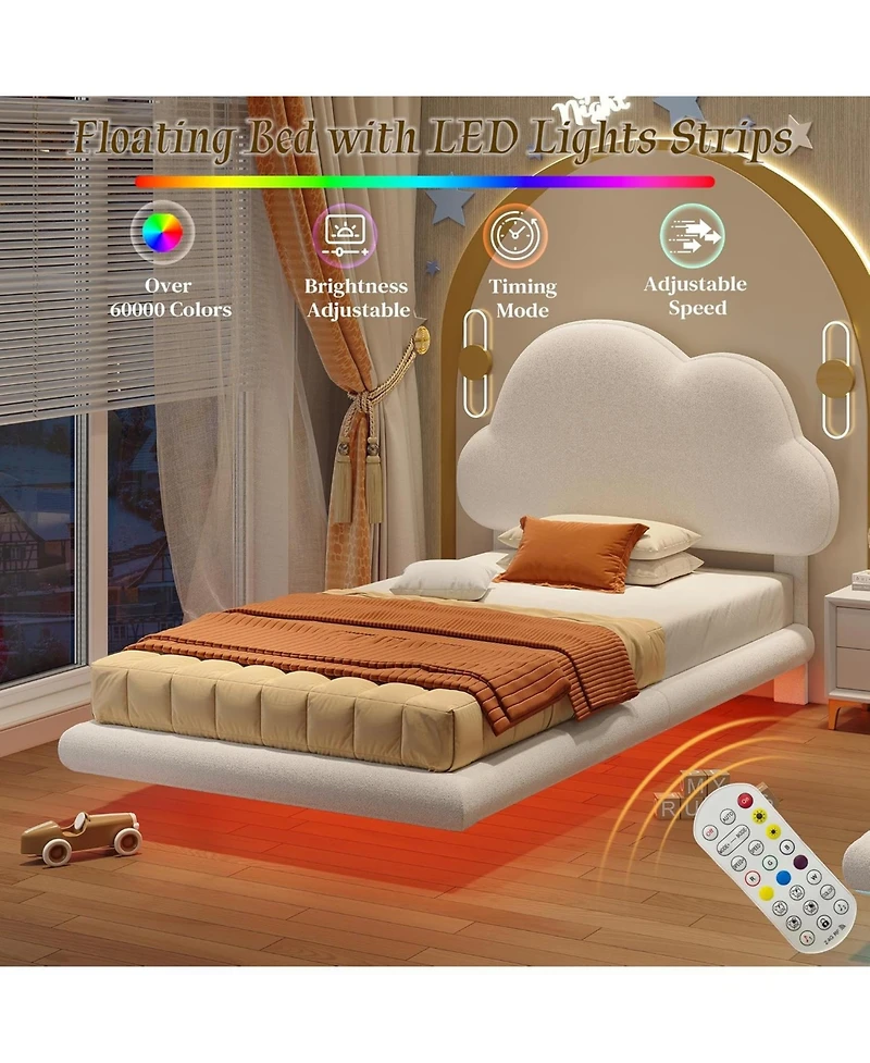 Likimio Twin Bed Frames, Floating Bed Frame with Led Light and Upholstered Headboard, Solid Wooden Slats Support