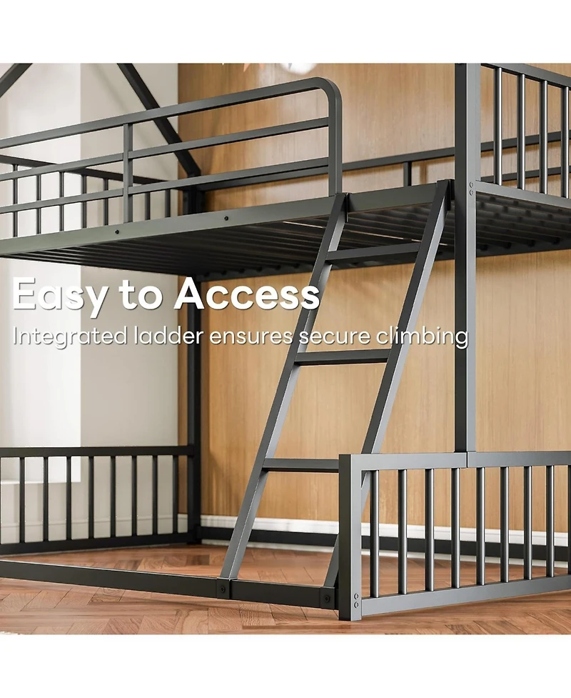 Likimio Bunk Bed Twin Over Full Size with Ladder and Guardrail, House Shaped with Metal Slats Support No Box Spring Needed, Black