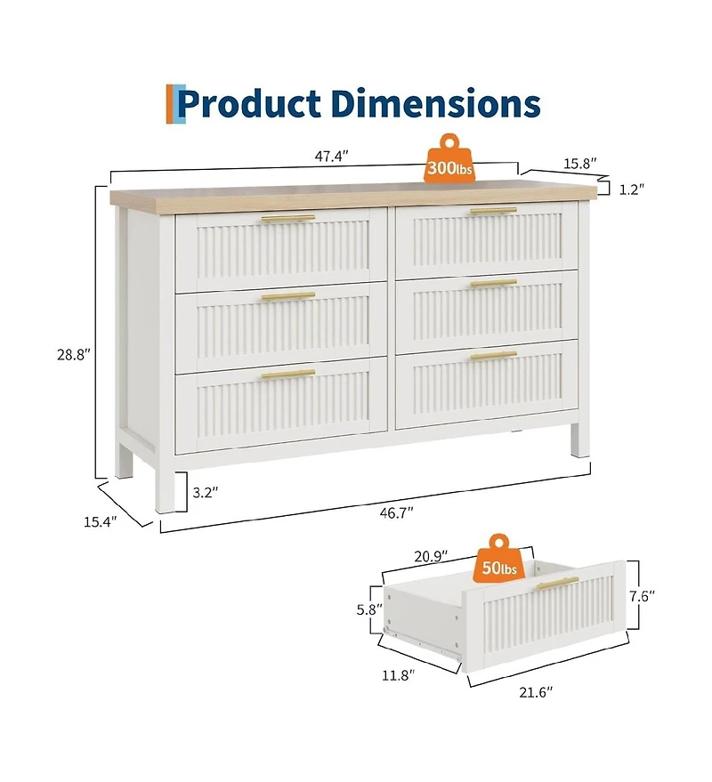 gaomon Fluted 6 Drawer Dresser for Bedroom, 47in Wide, Mid Century Modern Chest of Drawers, Wooden Fluted Dresser Chest, Living Room, White
