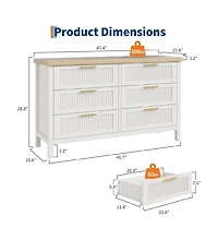 gaomon Fluted 6 Drawer Dresser for Bedroom, 47in Wide, Mid Century Modern Chest of Drawers, Wooden Fluted Dresser Chest, Living Room, White