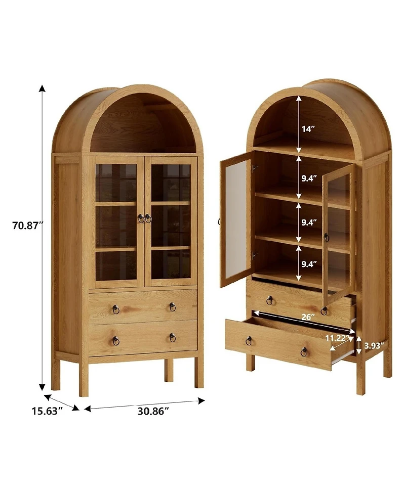 Gaomon 71" Arched Farmhouse Pantry Cabinet with Glass Doors, 2 Drawers & Adjustable Shelves, Display Hutch for Kitchen Dining Living Room