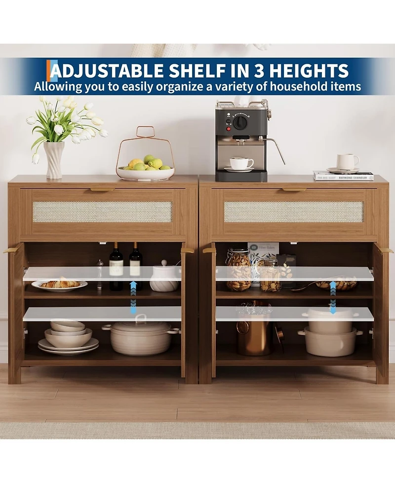 gaomon Rattan Buffet Cabinet with Storage, Narrow Sideboard Doors & Drawer, Wood Console Table for Living Room