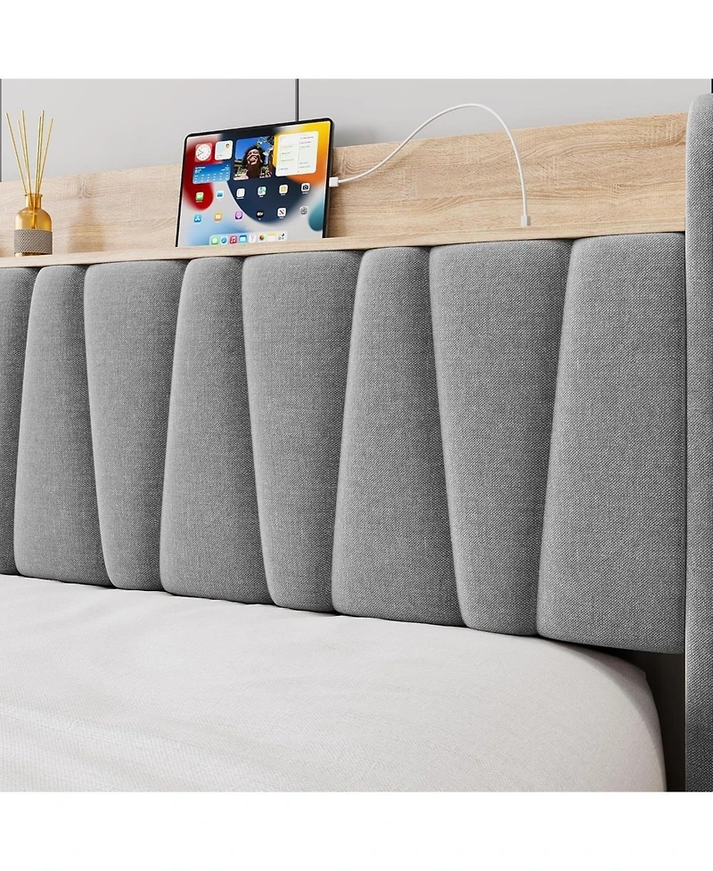 gaomon Upholstered Bed Frame with Storage Headboard, Drawer, Charging Station, Linen Platform
