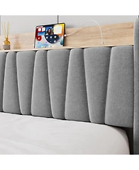 gaomon Upholstered Bed Frame with Storage Headboard, Drawer, Charging Station, Linen Platform