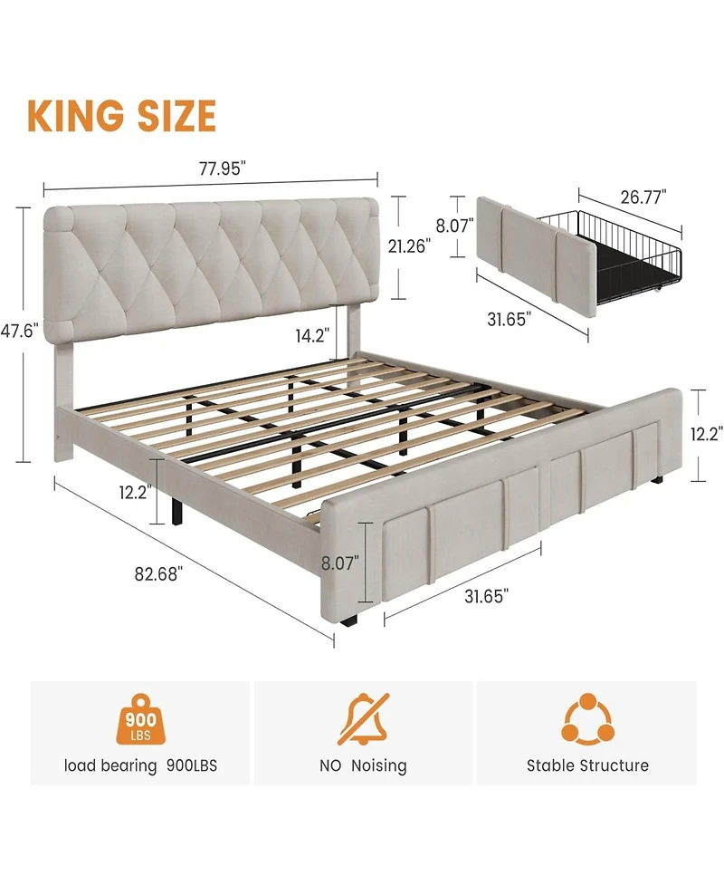 gaomon Upholstered Platform Bed Frame with 2 Storage Drawers, Solid Wood Slats, No Box Spring Needed, Noise-Free