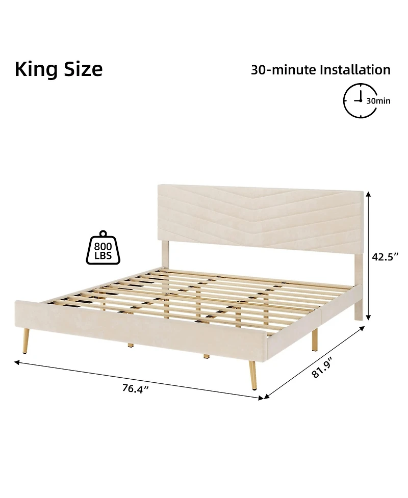 gaomon King Size Bed Frame with Velvet Upholstered Headboard