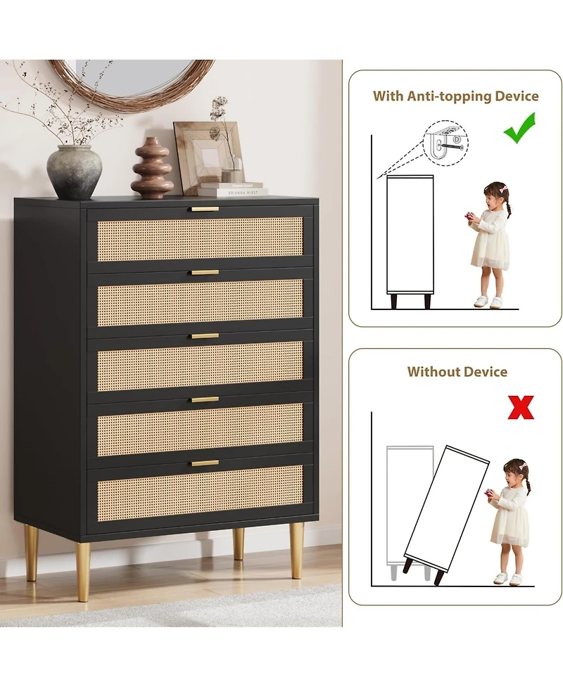 gaomon 5-Drawer Rattan Dresser, 44" Tall, Farmhouse Wood Vertical Chest with Metal Legs & Handles, Bedroom, Living Room, Black