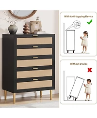 gaomon 5-Drawer Rattan Dresser, 44" Tall, Farmhouse Wood Vertical Chest with Metal Legs & Handles, Bedroom, Living Room, Black