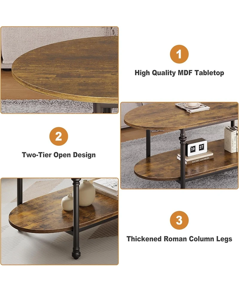 gaomon 47.2" Wooden 2-Tier Cocktail Table, Roman Column Metal Legs Elegant Oval Coffee Table