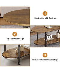 gaomon 47.2" Wooden 2-Tier Cocktail Table, Roman Column Metal Legs Elegant Oval Coffee Table