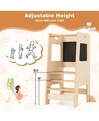 Costway Girls Kitchen Step Stool with Activity Chalkboard Adjustable Height & Safety Rail