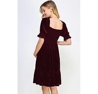 Hello Miz Maternity Velvet Empire Waist Puff Sleeve Smocked Neck Dress
