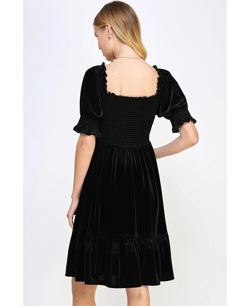 Hello Miz Maternity Velvet Empire Waist Puff Sleeve Smocked Neck Dress