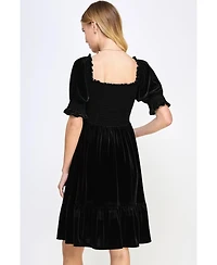 Hello Miz Maternity Velvet Empire Waist Puff Sleeve Smocked Neck Dress