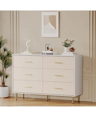 gaomon 6-Drawer Modern White Wood Dresser with Gold Metal Legs & Handles Large Storage Cabinet for Bedroom, Living Room, Entryway