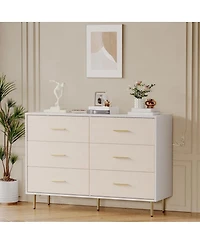 gaomon 6-Drawer Modern White Wood Dresser with Gold Metal Legs & Handles Large Storage Cabinet for Bedroom, Living Room, Entryway