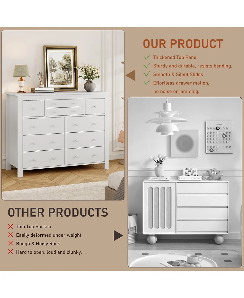 gaomon 10-Drawer White Dresser 47" Wide, Long Wooden Chest Storage Cabinet for Bedroom, Entryway, Living Room