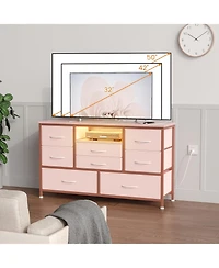 gaomon 8-Drawer Dresser Tv Stand with Led Lights & Charging Station, 55" Entertainment Center Storage, Rustic Brown, Pink